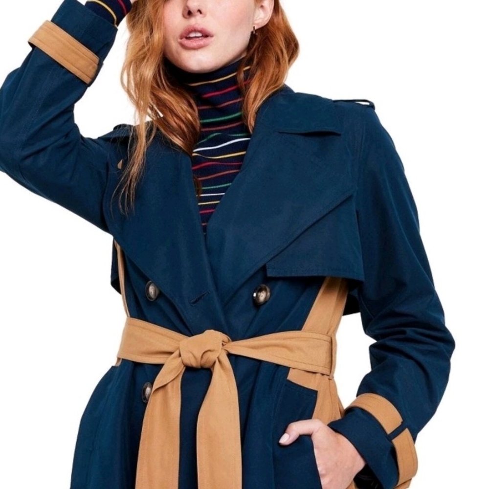 LA LIGNE Women's Side Stripe Trench Coat Navy Tan